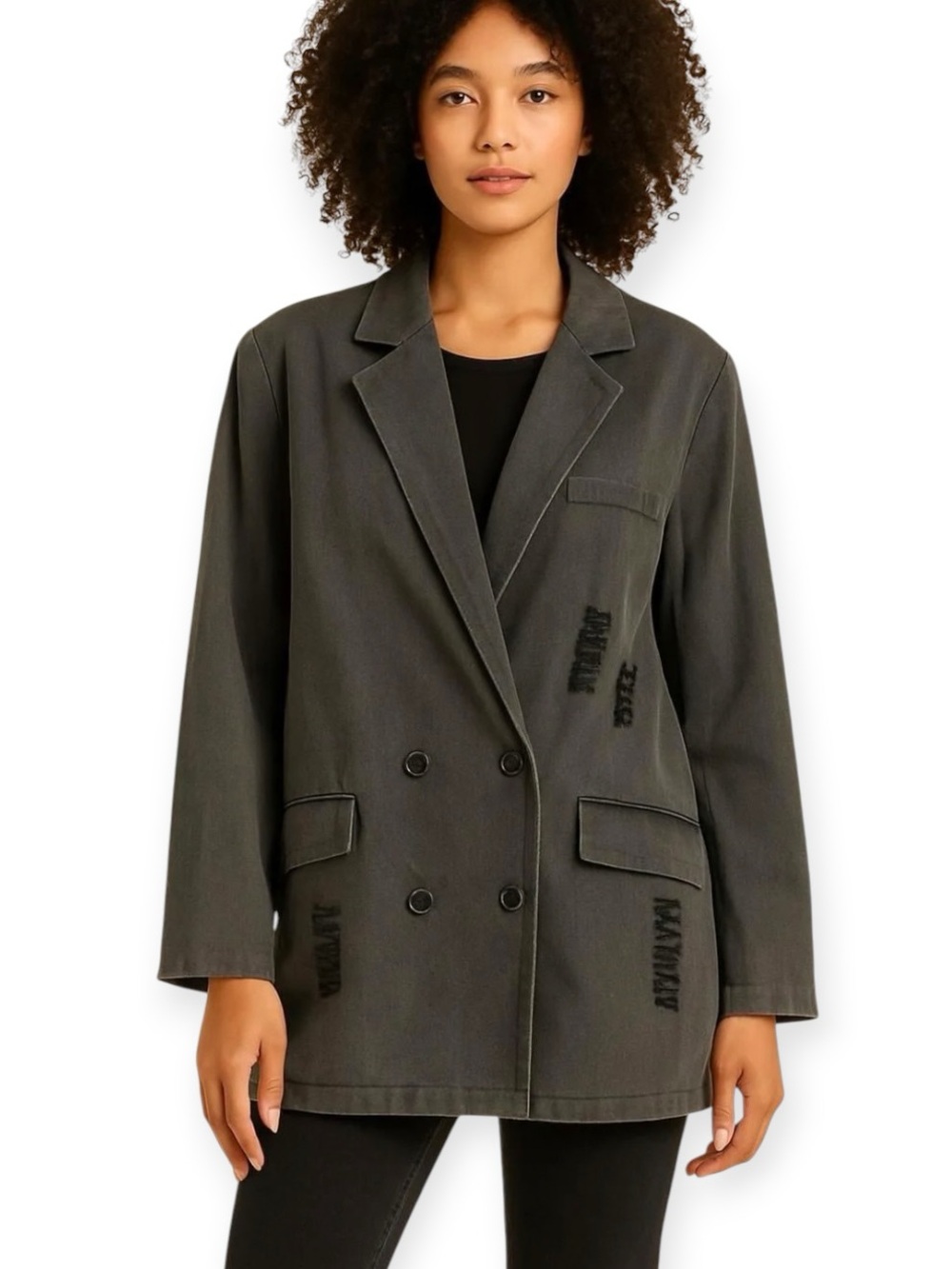 POL Charcoal Gray Oversized Double Breasted Blazer Deconstructed Detail Size S